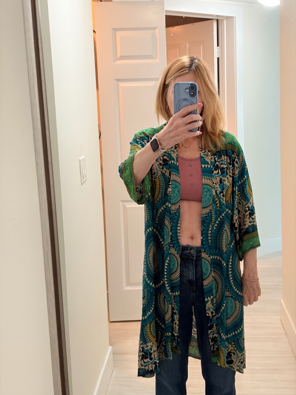 Teal and Green Patterned Kimono Duster